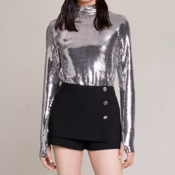 Maje Tops - NWT Women's Maje Silver Sequined Metallic Funnel Turtle Neck Shirt